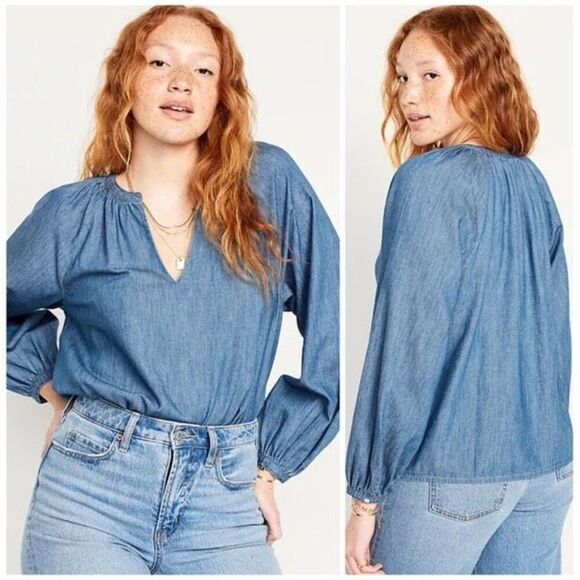 Old Navy Long-Sleeve Chambray Split Neck‎ Top Size Small Poet Peasant - Picture 1 of 11